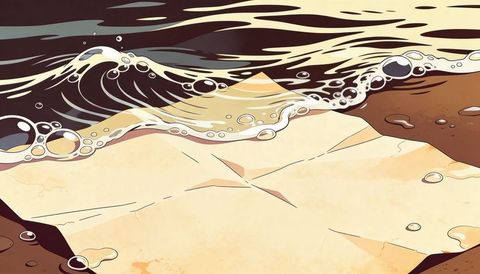 Flowing sea foam curling over creased parchment on rocky shoreline, bubbles