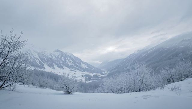 Winter alpine valley at dawn with snow-covered ridges, frosted shrubs and remote village