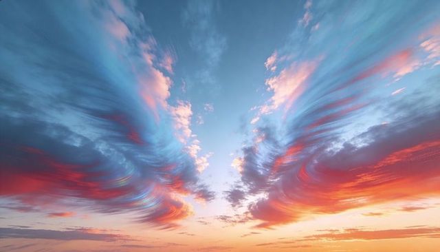 Surreal sunrise with mirrored swirling clouds painting vibrant pastel sky panorama