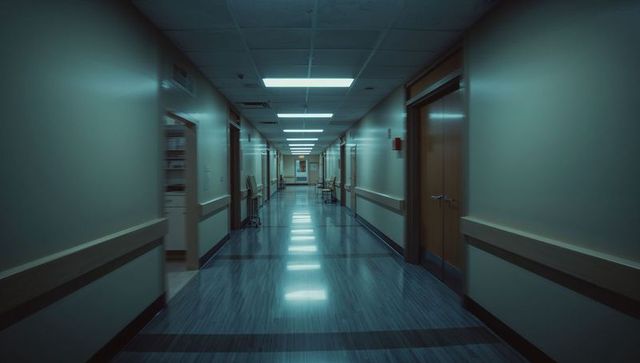 Empty hospital corridor with glossy reflective floor, fluorescent lights and handrails