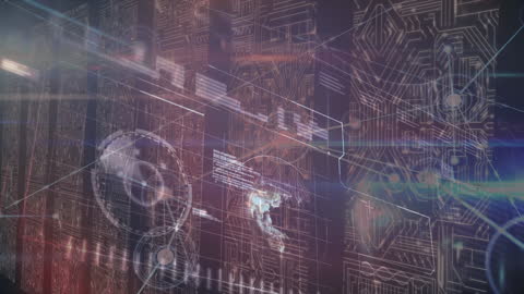 Digital elements overlay server room, giving it a high-tech and futuristic appearance largely represented by translucent globe and data visuals. Useful for presentations highlighting advanced technology, global networks, data collection, and the evolution of server technology. Can be utilized in marketing for tech companies that specialize in data solutions and strategy planning, invoking ideas of innovation and future possibilities in computing and tech industries.