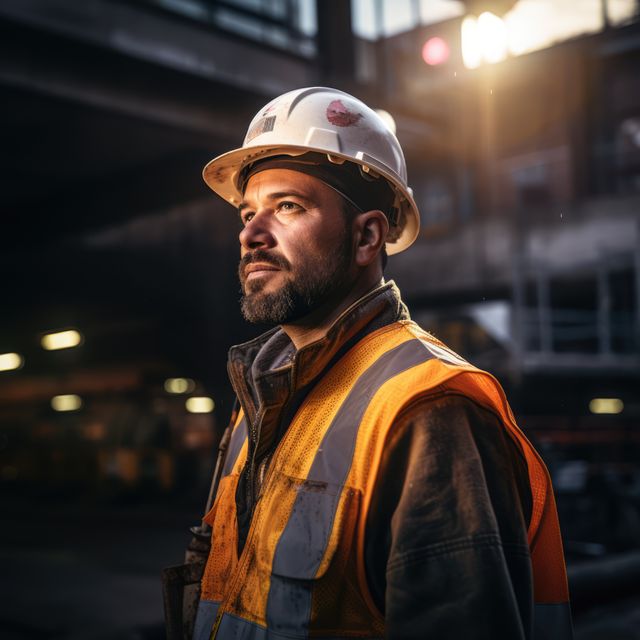 Male worker wearing safety gear including helmet and reflective vest at construction site. Ideal for content on industrial work, occupational safety, engineering roles, and construction industry. Could be used in workplace safety materials, construction business ads, or articles on labor and trades.