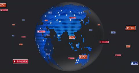 Global Social Media Globe Showing Play Subscribe Like Badges Across Asia Pacific Network