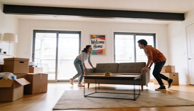 Young couple moving sofa into new apartment unpacking boxes welcome home modern living room