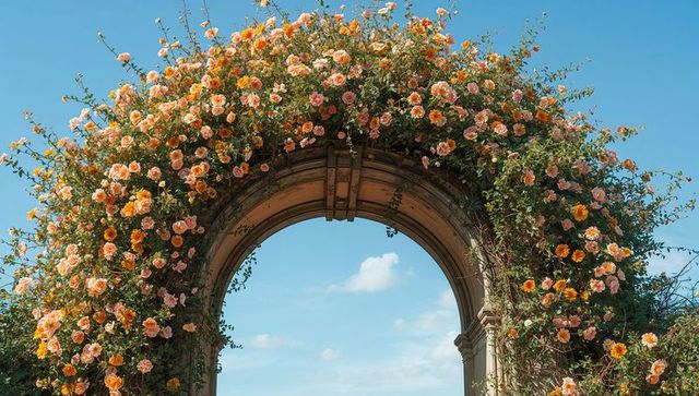 Stone garden arch draped in apricot climbing roses framing blue sky and cloudscape