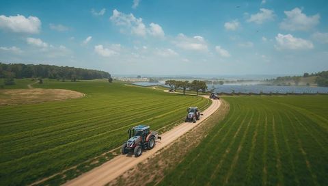 Driving three tractors along curving dirt road through green crop rows with solar panels