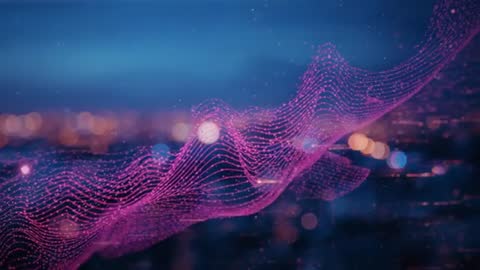 Magenta Data Wave Flowing Over Night City Bokeh — Abstract Digital Network Motion Loop