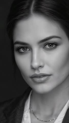 Model gazing, blinking and tilting head in monochrome vertical video, elegant blazer