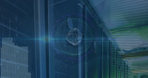 Digital Data Processing in Server Room with Glowing Globe Animation