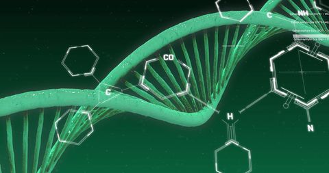 Dna strand with chemical structures highlighting genetic research