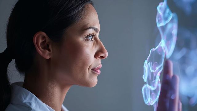 Medical researcher examining holographic brain projection on glass interface