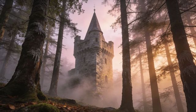 Moss-covered medieval tower looming through misty conifer forest at golden sunrise