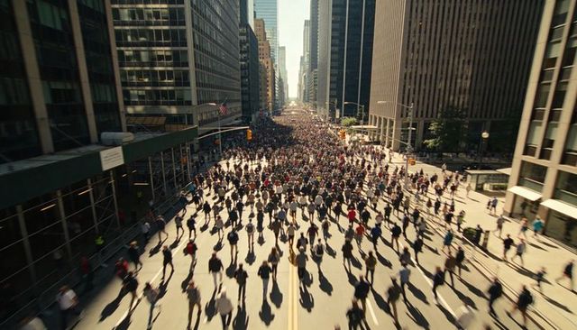 Walking commuter flow filling downtown avenue between highrise office towers