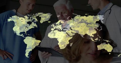 Medical Professionals Analyzing World Map with Digital Technology
