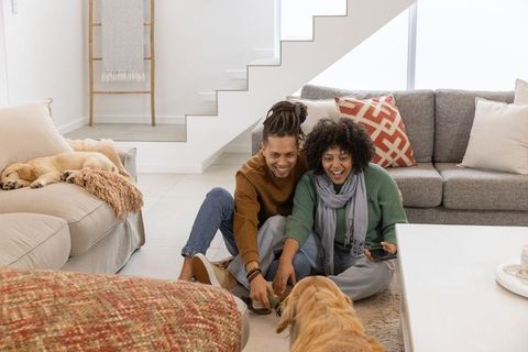 Couple playing with golden retriever on rug in cozy sunlit modern living room