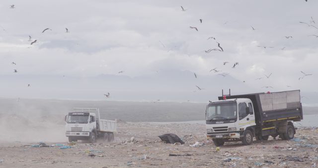 General view of landfill with piles of litter, seagulls and dump trucks - Download Free Stock Photos Pikwizard.com