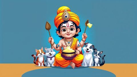 Playful hindu deity surrounded by cats in vibrant cultural illustration