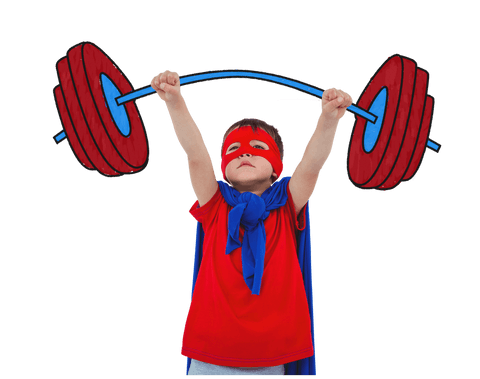 Energetic superhero boy lifting barbell on transparent background