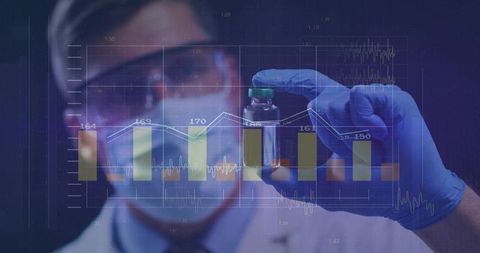 Lab Technician Analyzing Data with Vial and Graph Overlays