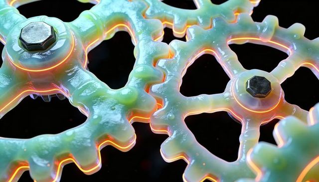 Translucent neon-edgelit gears interlocking with hex bolts, glossy mechanical closeup