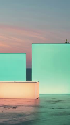 Vertical video capturing glowing pastel light panels reflecting on wet floor at dusk