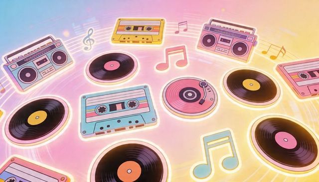 Retro music collage orbiting pastel gradient with vinyl records cassette tapes boomboxes