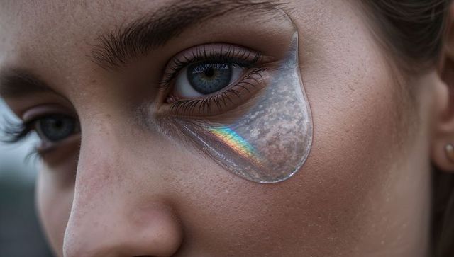 Closeup female eye with iridescent hydrogel under-eye patch and blue-gray iris