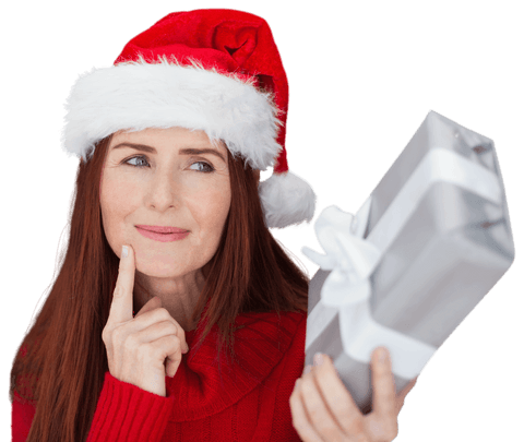 Contemplative Caucasian Woman Holding Christmas Gift on Transparent Background