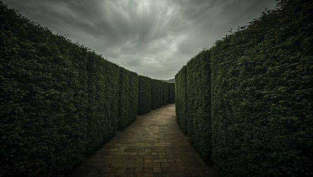 Moody Curving Brick Pathway Through Manicured Hedge Corridor Under Dramatic Overcast Sky