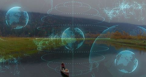 Paddling male in red jacket and life vest canoeing misty lake with holographic globe overlays