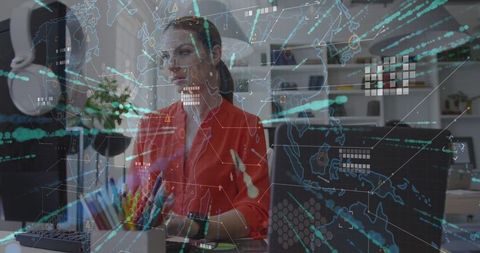 Woman Working with Holographic Global Map in Tech Office