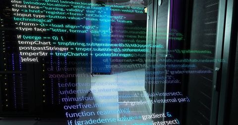 Colorful Coding Language Overlay on Data Server Room - Download Free Stock Images Pikwizard.com