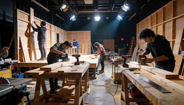 Carpentry crew building theater flats on soundstage using power tools and timber