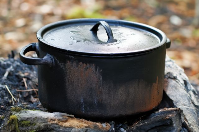 A black camping pot sits on a log outdoors, steaming with heat. Essential for outdoor cooking, the pot symbolizes adventure and self-sufficiency in nature.