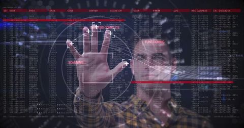 Plaid-clad Technician Interacting with Futuristic Touchscreen Interface