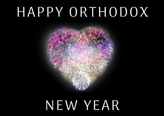 Heart-shaped firework display with 'Happy Orthodox New Year' text glowing in the night sky. Ideal for holiday greeting cards, festive social media posts, celebration announcements, ethnic holiday marketing material.