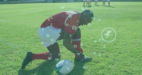 Rugby Player Preparing for Game with Digital Icons Overlay