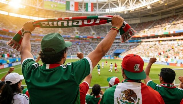 Cheering mexican fans holding scarf overhead in sunlit stadium during soccer match