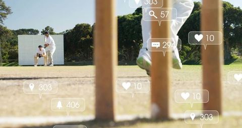 Cricket bowler in action with social media icons overlay