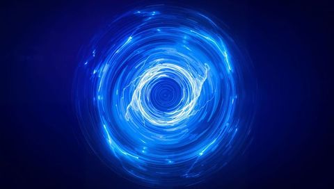 Electric blue energy vortex creating neon spiral rings and dynamic radial motion