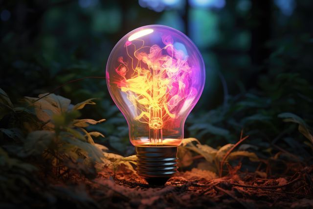 Glowing light bulb displaying vibrant colors in forest environment. Excellent for concepts relating to creativity, innovation, and imagination. Ideal for use in technology, nature-related contents, or as an eye-catching visual in advertising and storytelling.
