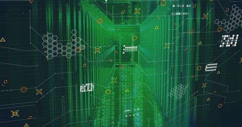 Digital futuristic corridor with binary code and circuit lines