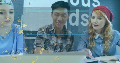 Diverse team collaborating on code with digital overlay