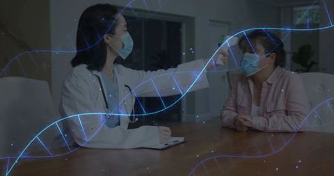 Doctor Checking Temperature with DNA Medical Technology Graphics