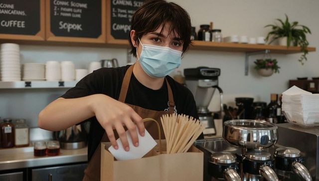 Masked barista packing takeaway order in brown apron behind busy coffee counter