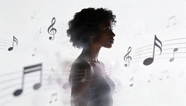 Woman reflecting in profile surrounded by floating musical notes and dreamlike mist