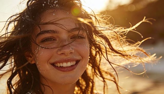 Golden-hour beach portrait of smiling woman with windblown hair, sand on skin and sun flare
