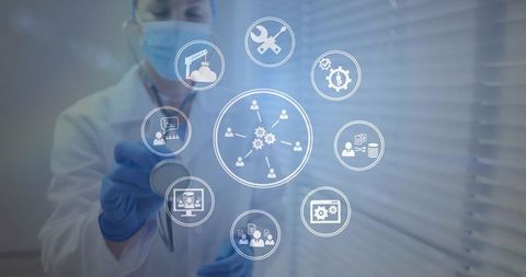 Doctor offering stethoscope for telemedicine consultation with digital health icons