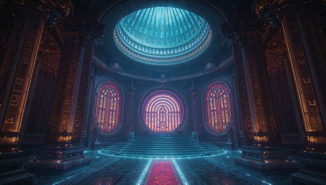 Opulent Corinthian Architecture with Illuminated Dais and Stained Glass