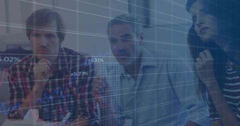 Team Analyzing Market Trends with Financial Chart Overlay in Modern Office